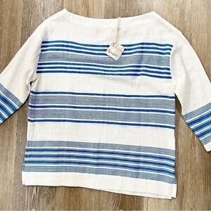 Lemlem Womens Sz S Grecian Striped White Blue Handmade Cotton Blouse Top